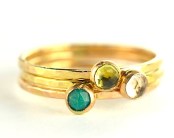 Gemstone Gold Stacking Ring Set of 3, Peridot, Crystal, Turquoise Skinny Rings, Hammered Ring, Size 4 OOAK -OKR025