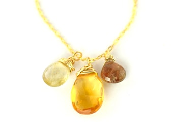 Citrine Charm Necklace, Ruitile Quartz Pendant, Topaz Gemstone Boho Style Cluster Jewelry, November Birthstone