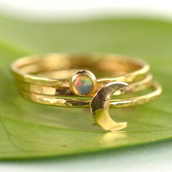 Opal Stacking Ring Set of 3, Gold Moon Hammered Skinny Rings, Thread Stackers, Size 7-7.25 OOAK