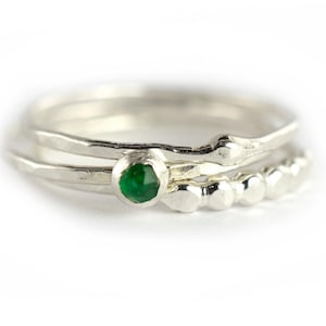 Emerald Stacking Ring Set of 3, Silver Skinny Rings, Gemstone Birthstone Ring, Size 5.5 OOKR021