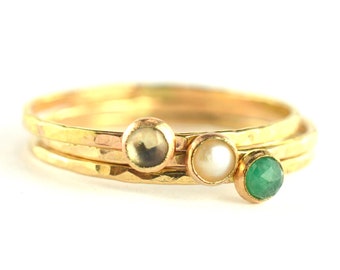 Gemstone Gold Stacking Ring Set of 3, Peridot, Crystal, Turquoise Skinny Rings, Hammered Ring, Size 4 OOKR025