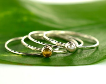 Silver Pearl & Citrine Stacking Ring Set of 4, Stackable Mother's Ring, June November Birthstone Ring, Size 6 OOAK -OKR035