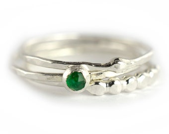 Emerald Stacking Ring Set of 3, Silver Skinny Rings, Gemstone Birthstone Ring, Size 5.5 OOKR021