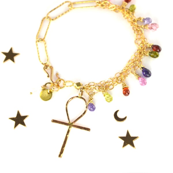 Rainbow CZ Gold Ankh Charm Bracelet, Gold Charm Bracelet, Talisman Chain Bracelet, OOAK