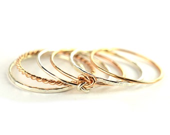 Rose Gold & Sterling Silver Ring Set of 5, Double the Love Forget Me Knot Rings, Mixed Metal Stacking Ring