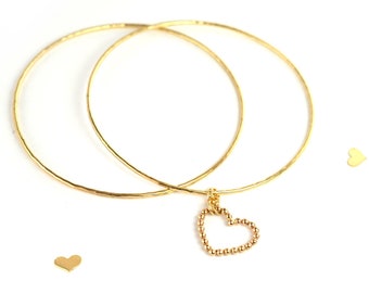 Gold Heart Bangle, Thin Hammered Bangle Set of 2, Gold Love Bracelet, Size Large Bangles OOAK