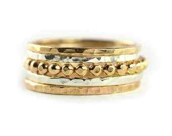 Mixed Stackable Rings Set of 5, Beaded Stacking Rings Set, Hammered Gold & Silver Rings