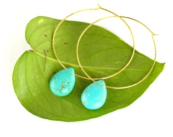Turquoise Hoop Earrings, Skinny Gold Hoops, Gemstone Earring