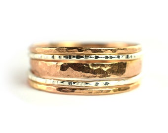 Thick Rose Gold Ring Set of 5, Skinny Silver Stackable Ring Bands, Mixed Metal Stacking Rings