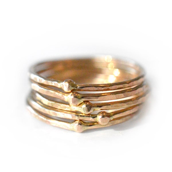 Gold Skinny Ring Set of 5, Hammered Bead Ring, Thin Stacking Rings RING HSRBEAD5