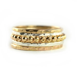 Hammered Sterling Silver & Gold-Fill Beaded Stackable Rings Set of 5