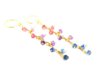 Sapphire Ombre Earrings, Amethyst & Pink Tourmaline Dangle Earrings, Gold Chain Earrings, Gold Long Dangle Earrings