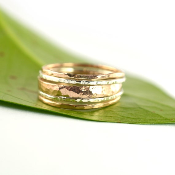 Thick Rose Gold Ring Set of 5, Skinny Silver Stackable Ring Bands, Mixed Metal Stacking Rings, Size 7 OKR069