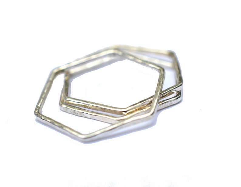 Hexagon Mixed Metal Rings Set of 3, Hammered Stacking Rings image 6