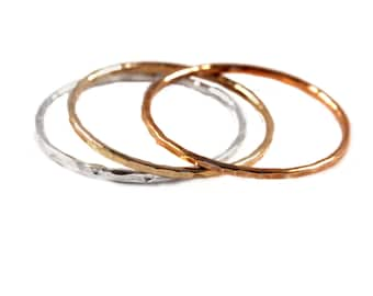 Hammered Mix Metal Stackable Rings Set of 3, Rose, Silver, Gold Stacking Rings HSR18-M3