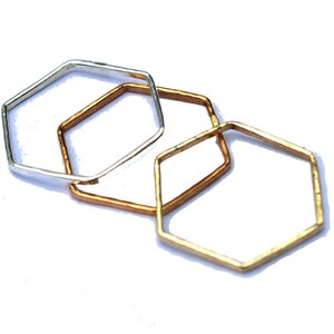 Hexagon Mixed Metal Rings Set of 3, Hammered Stacking Rings image 1