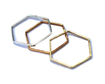 Hexagon Mixed Metal Rings Set of 3, Hammered Stacking Rings