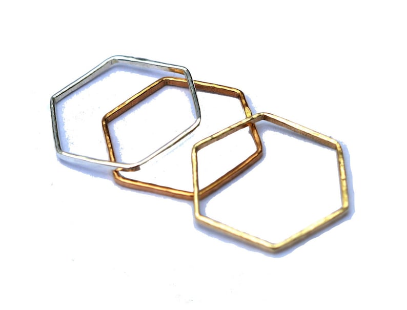 Hexagon Mixed Metal Rings Set of 3, Hammered Stacking Rings image 1