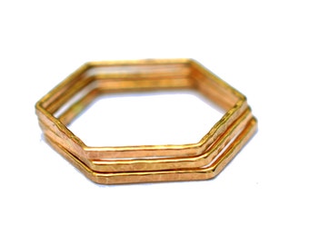 Gold Hexagon Ring Set of 3, Hammered Honeycomb Ring