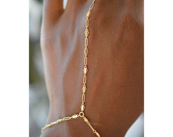 Gold Hand Bracelet, Ornate Finger Chain Bracelet HCDORNATE