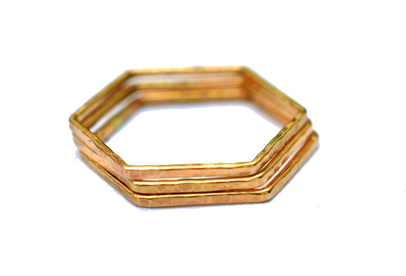 Hexagon Mixed Metal Rings Set of 3, Hammered Stacking Rings image 5