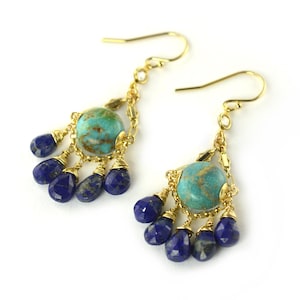Türkis und Lapis Ohrringe, Gold Ohrringe, Hochzeit Ohrringe, Unikat Schmuck