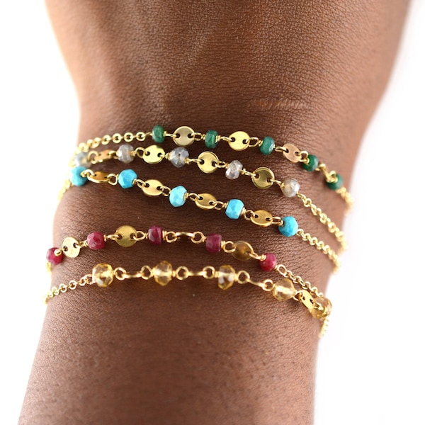 Dainty Birthstone Bracelet, Delicate Gold Filled Beaded Chain, Layering Jewelry
