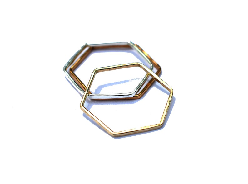 Hexagon Mixed Metal Rings Set of 3, Hammered Stacking Rings image 2