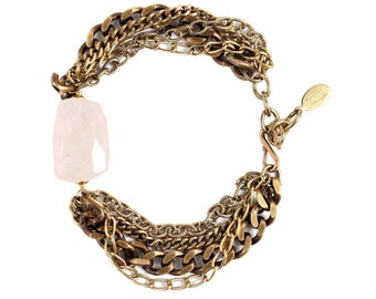 Rose Quartz Bracelet , Chunky Stone Bracelet, Brass Chain Bracelet, Multi-chain Bracelet