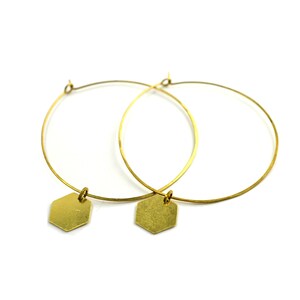 Gold Skinny Hoops, Brass Hexagon Earrings, Geometric Jewelry