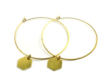 Gold Skinny Hoops, Brass Hexagon Earrings, Geometric Jewelry