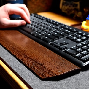 May include: A black computer keyboard with a wooden wrist rest. The wrist rest is a dark brown color with a wood grain pattern. A yellow rubber duck with a blue hat is in the background.