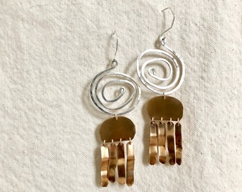 gold statement earrings, bold earrings, bohemian earrings, spiral earrings, statement dangle earrings, silver and gold earrings