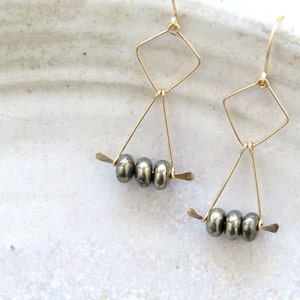 gold geometric earrings, pyrite dangle earrings, statement earrings, modern, bohemian image 3