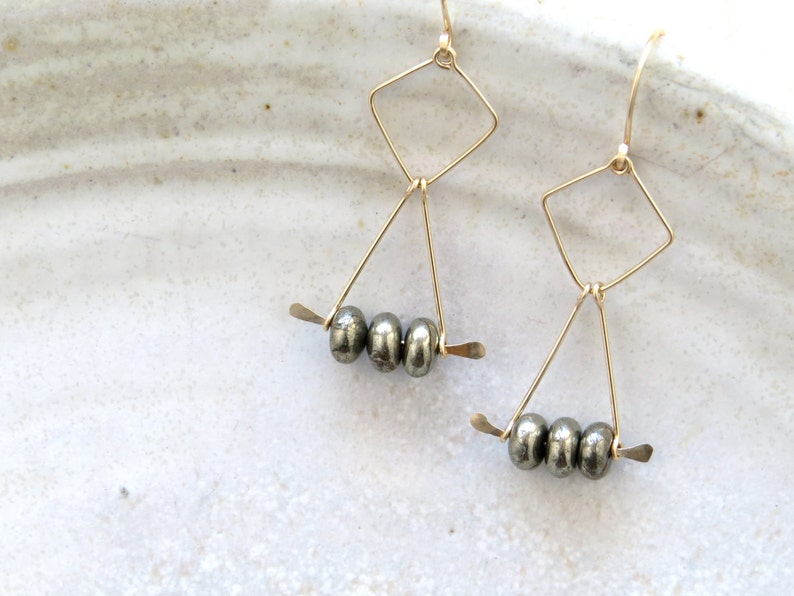 gold geometric earrings, pyrite dangle earrings, statement earrings, modern, bohemian image 3