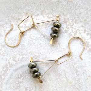 gold geometric earrings, pyrite dangle earrings, statement earrings, modern, bohemian image 2