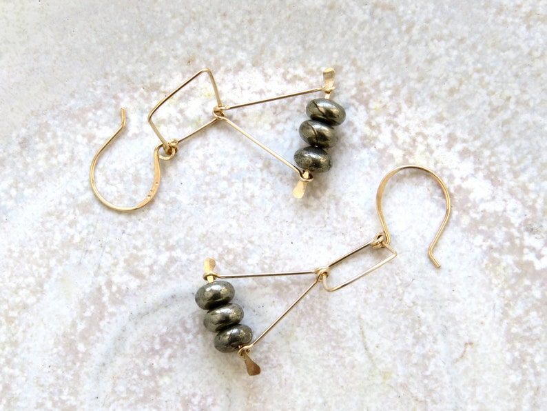 gold geometric earrings, pyrite dangle earrings, statement earrings, modern, bohemian image 2