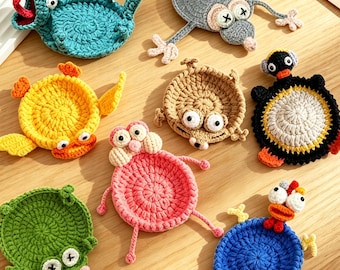 Lustiges gehäkeltes Tier Untersetzer-Eichhörnchen, Eidechse, Frosch, Maus, Schildkröte, Neuheit Getränke Untersetzer, Home & Schreibtischdekor für Kaffee / Tee, einzigartiges Geschenk für Freund