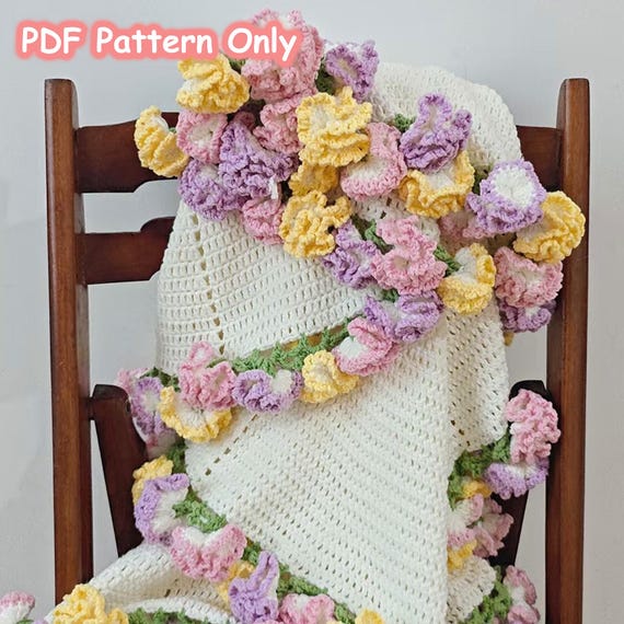 カーネーションの花のブランケットかぎ針編みのパターンとビデオ