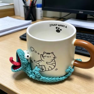 May include: A white ceramic mug with a brown handle, featuring a cat illustration and the text "I JUST WANT A". A turquoise crocheted lizard-shaped coaster wraps around the mug, with a red tongue and white eyes.
