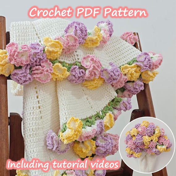 カーネーションの花のブランケットかぎ針編みのパターンとビデオ