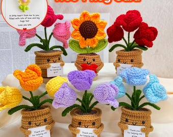Cute Crochet Sunflower With Heart/Tulip Plants,Free 1 Hug Card,Crochet Flower,Thank You Gifts Mom/Teacher,Graduation Gift,Office Desk Decor