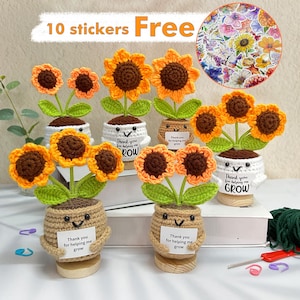 Cute Crochet Sunflower,Free 10 Stickers,Crochet Potted Plants,Thank You Gift For Teacher,Father&#39;s Day Gift,Graduation Gift,Gift For Her/Boss