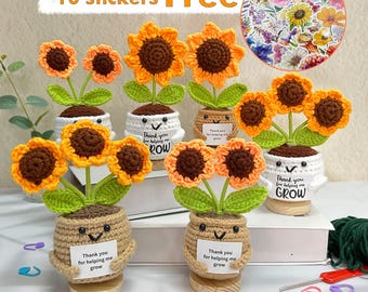 Cute Crochet Sunflower,Flower Stickers,Crochet Potted Plants,Thank You Gift,Graduation Gift,Gift For Her
