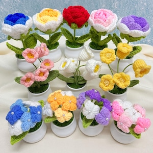 May include: A collection of 12 crocheted flower arrangements in white pots. The flowers are in various colors, including pink, blue, yellow, purple, and white. Each flower arrangement has a different type of flower, such as roses, lilies, and daisies.