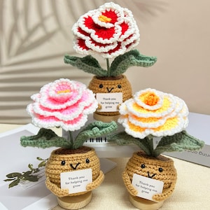 May include: Three crocheted flower pots with smiling faces and the text "Thank you for helping me grow". The flowers are red, pink, and yellow.