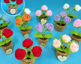 Crochet Rose Potted Plant,Crochet Flower in Pot,Office Desk Decor,Housewarming gift,Handmade flower,Teacher Gift,Gift for Her,Custom Tags