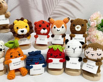 Cute Crochet Animal/Vegetable, Ice Out crochet, Be Good, Lion, Tiger, Panda, Carrot,Personalized Sign, Emotional Support, Ice Out Desk Decor