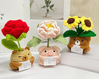 Handmade Crochet Animal Potted Plants,Flower Animal Pots,Flower Pot Cute,Rose,Sunflower,Peony,Tulip,Daisy,Thank You Gift For Mom/Teacher/Her