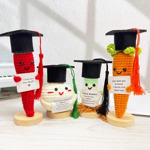 Puede incluir: Cuatro personajes de verduras de crochet que llevan gorros de graduación y sostienen carteles con mensajes alentadores. Los personajes son un chile rojo, un bulbo de ajo blanco, una cebolla verde y una zanahoria naranja. Los carteles dicen "Te amo Hot Stuff!", "Ajo de apoyo emocional", "Cebolla verde positiva" y "Solo quiero que sepas, te quiero mucho."